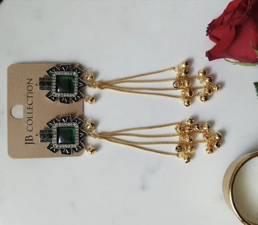 Antique Gold Plated Emerald Green Square Stone Ghungroo Tassel Dangler Earrings for Women