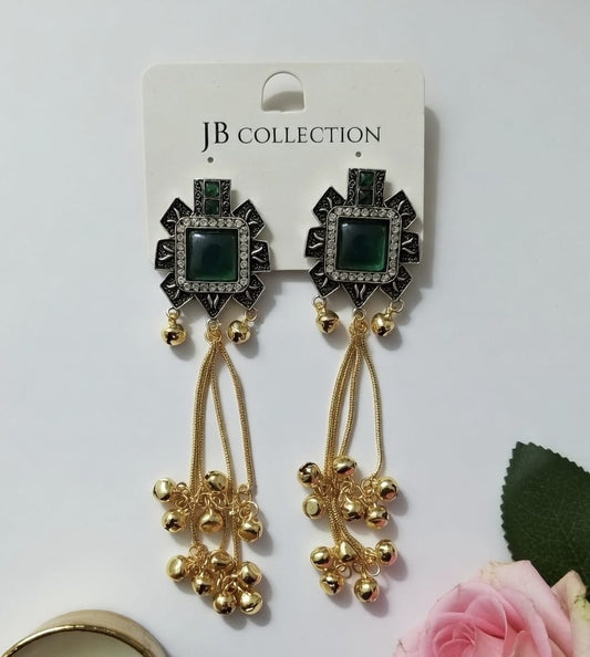Antique Gold Plated Emerald Green Square Stone Ghungroo Tassel Dangler Earrings for Women